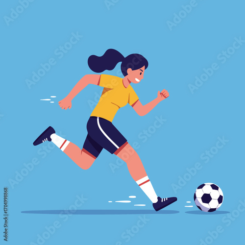 Female soccer player running and kicking ball in active sports scene with blue background vector illustration 