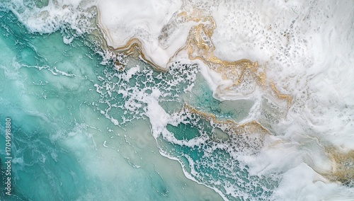 Fototapeta Naklejka Na Ścianę i Meble -  Close-up of a top-down view of a white sand beach with clear turquoise water, an aerial shot.