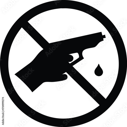 No guns allowed sign, prohibition symbol with hand holding a gun and a drop of blood