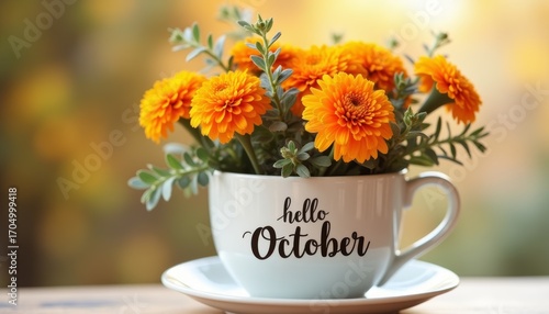 Wallpaper Mural White ceramic cup with the words “hello October”, filled with bright orange marigold flowers and green foliage, on a saucer. Warm blurred autumn background evokes seasonal and cozy fall vibes. Torontodigital.ca