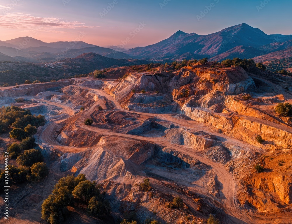 Obraz premium Aerial view of a quarry at sunrise, showing layered earth tones and winding paths