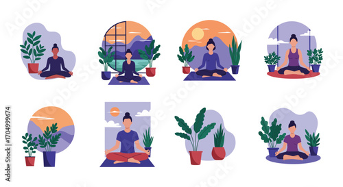 people practicing yoga in various serene settings