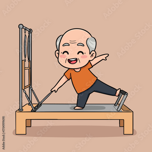 Elderly man exercising on pilates reformer machine with joyful expression and orange shirt