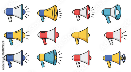 a collection of colorful megaphones arranged neatly in rows