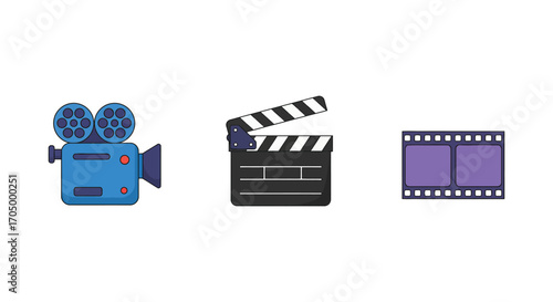 a film camera clapperboard and movie strip icons displayed