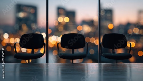 Empty meeting room overlooking a city at dusk