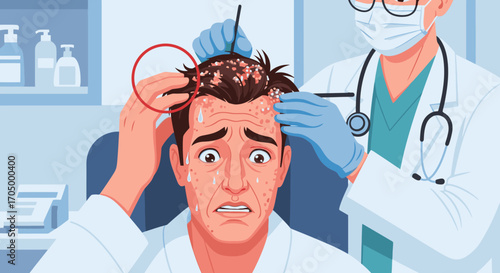 Worried man gets scalp examined by doctor for rash condition in medical office setting illustration