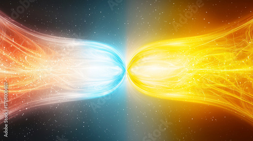 Ethereal light waves collide, creating vibrant interference patterns in cosmic backdrop, evoking sense of wonder and energy