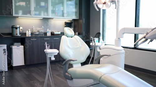 Interior view of a contemporary dental clinic treatment room ready for a patient