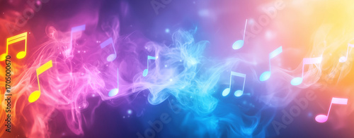 Colorful musical notes float through vibrant, smoky background, creating lively and dynamic atmosphere filled with energy and creativity