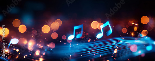 Colorful musical notes float above vibrant background of glowing lights, creating lively and dynamic atmosphere