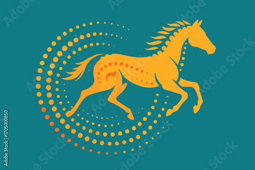 Dynamic horse in motion with vibrant circular dot pattern on teal background