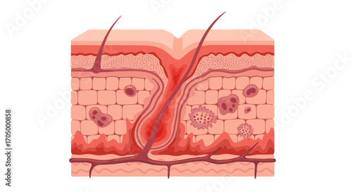 Inflamed skin layers anatomy illustration, medical diagram for dermatology education materials, scientific study