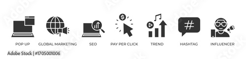 Global Digital Marketin Icons set vector illustration glyph with Pop up, Global marketing, Seo, Pay per click, Trend, Hashtag, Influencer