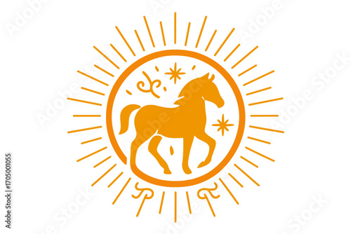 Radiant zodiac sign with horse on vibrant sunburst background