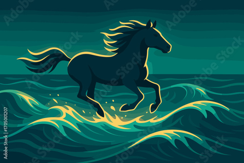 Majestic horse galloping through ocean waves in vibrant nightscape