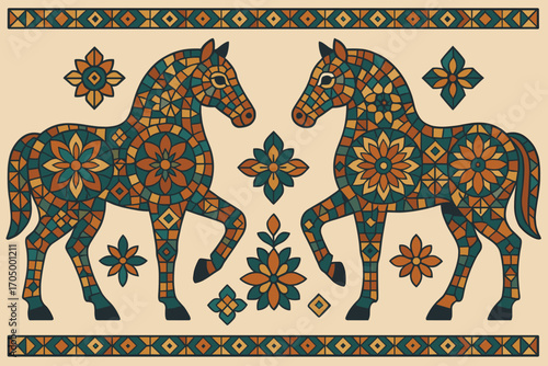 Intricate mosaic horses with floral patterns in folk art style