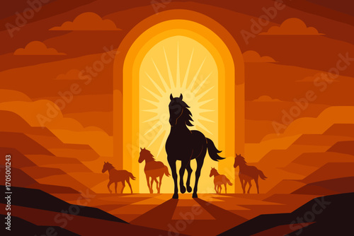 Silhouette of horses at dawn with abstract sunburst and cloudy sky in warm tones