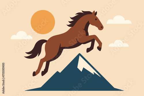 Majestic horse leaping over snowy mountain in minimalist art style