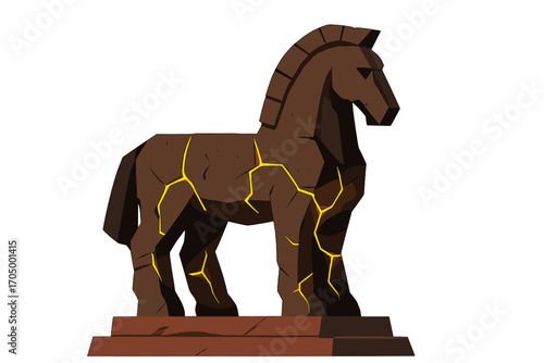 Ancient mythical horse with glowing cracks on a pedestal