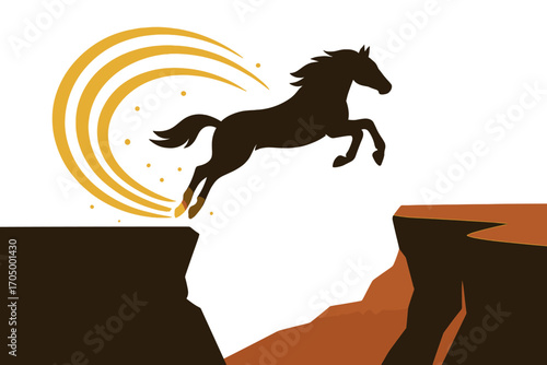 Silhouette horse jumping over cliff in glowing abstract landscape