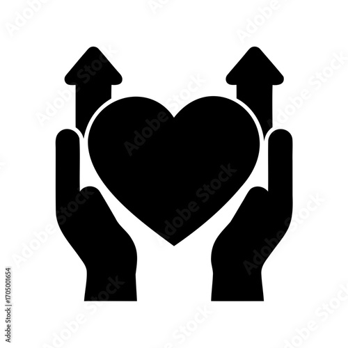 Hands supporting a heart with arrows pointing upwards represent growth and love