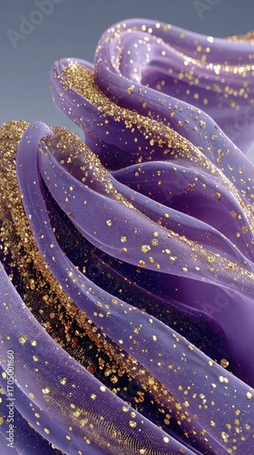 Abstract swirls of purple liquid with gold glitter