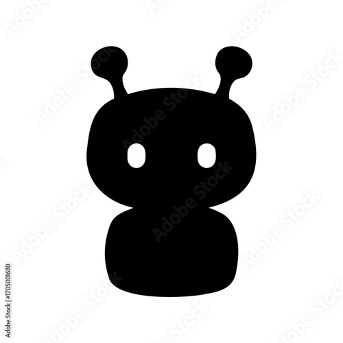 Simple Black Alien Silhouette with Rounded Body, Head, and Antennae, on White