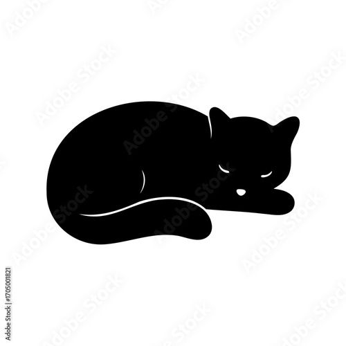 Black Cat Silhouette Curled Up Sleeping Peacefully on a White Background