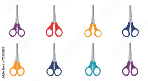 colorful scissors arranged neatly in two rows