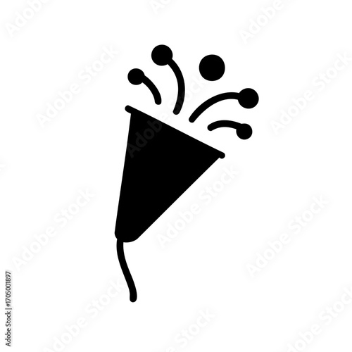 Black and white party popper icon with confetti bursting from the cone