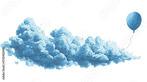 Floating Blue Balloon Amidst Soft Clouds in a Dreamy Sky Illustration