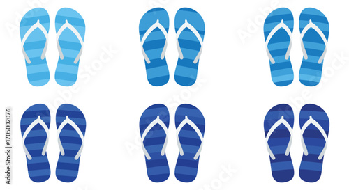 six pairs of flip flops arranged neatly in two rows