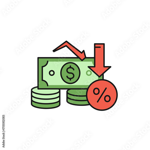 An illustrative icon depicting a significant financial downturn with money and a downward arrow, symbolizing economic loss or decreasing interest rates.
