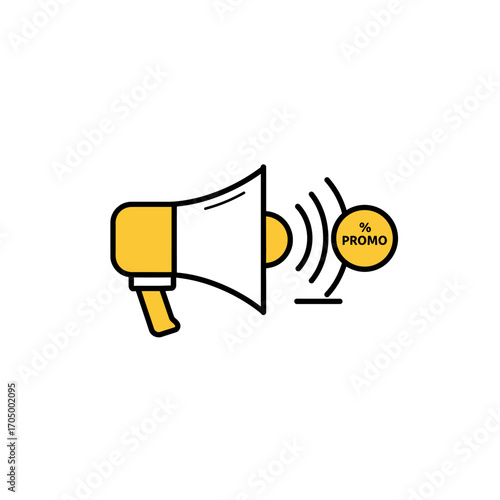 A yellow and white megaphone icon, broadcasting sound waves with a 'PROMO' tag, symbolizing effective marketing, advertising, and public communication.