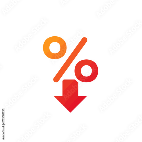 A vibrant orange percentage symbol with a bold red downward arrow signifies a decrease in value, discount, or financial loss on a clean white background.