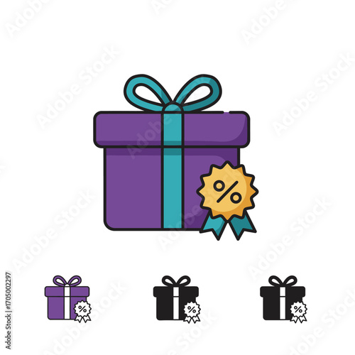 A vibrant purple gift box adorned with a teal ribbon and a prominent percentage discount badge, symbolizing special offers and promotional sales.