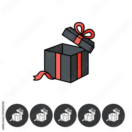 An open black gift box with a vibrant red ribbon and bow, symbolizing surprise, celebration, and the joy of giving presents on special occasions.