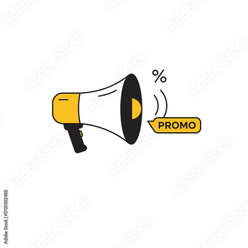 A vibrant yellow and black megaphone icon broadcasting a promotional message with a percentage symbol, symbolizing effective marketing campaigns and special discount announcements.