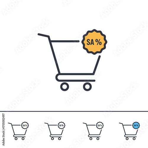 A clean line art icon depicting a shopping cart with a prominent yellow discount tag, symbolizing online sales, e-commerce promotions, and retail savings.
