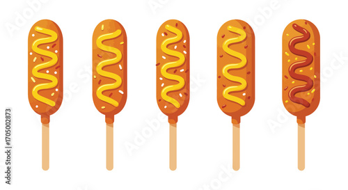 corn dogs with mustard swirls lined up neatly