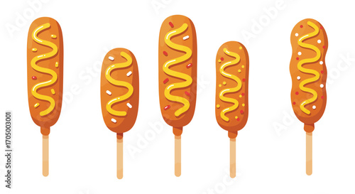 corn dogs on sticks with mustard swirls ready to eat