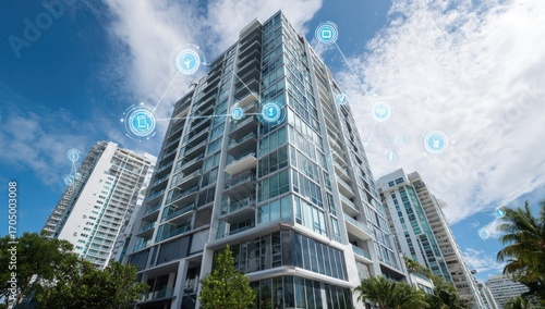 Modern apartment building with digital network overlay