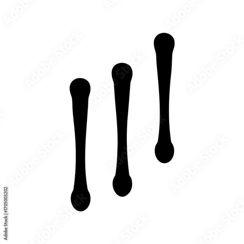 Three black shapes in a row resembling elongated drips or stylized plants