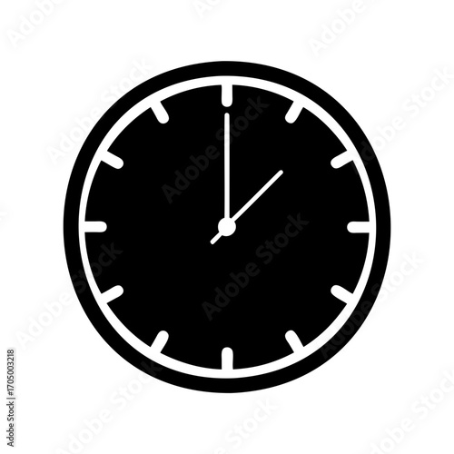 Simple black and white clock with hands pointing to time eleven oh five