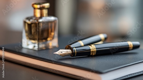 Pen and bottle are poised on a closed notebook showcasing luxury stationery in soft focus