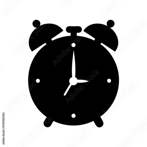 A simplistic black alarm clock illustration standing on a white background