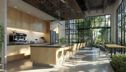 Modern cafe interior with large windows and kitchen