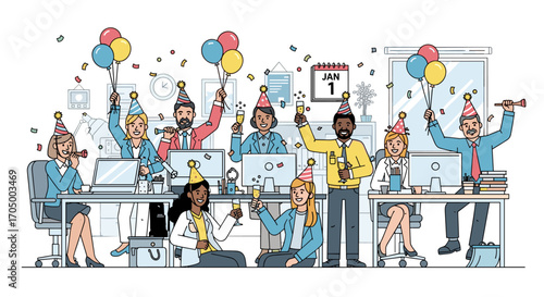 A diverse team of office colleagues joyfully celebrates the new year with balloons, champagne, and confetti in a modern flat vector illustration.