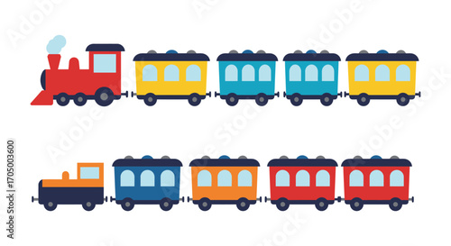 colorful trains with various carriages moving along tracks